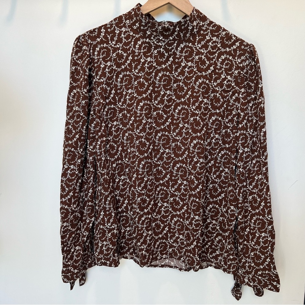 LOFT Outlet Women's High Neck Long Sleeve Brown Patterned Blouse - size M